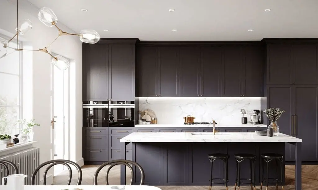 Luxury kitchen with charcoal cabinets, marble backsplash, and a large island lit by modern recessed LED downlights